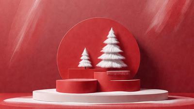 The primary subject of the image is a red background with a white tree and a white tree on top of a red surface. The setting appears to be a winter scene, possibly a Christmas display. The visual style is a combination of digital art and illustration, creating a unique and festive atmosphere. The dominant colors are red and white, which contribute to the overall mood of the scene.
